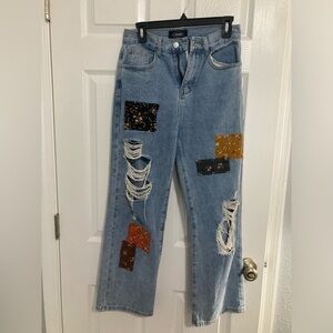 Cider Distressed Patchwork Jeans sz Sm wide legs